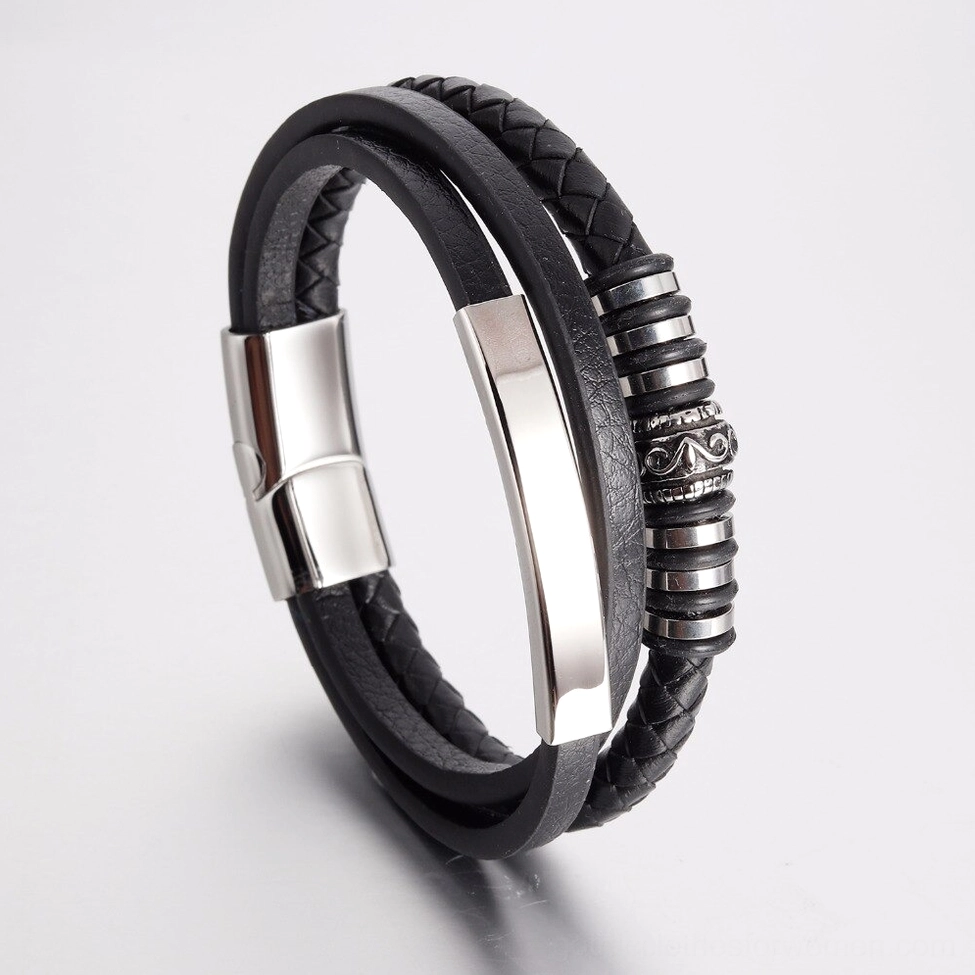 Layered black leather bracelet side view with stainless steel magnetic clasp and metal rings