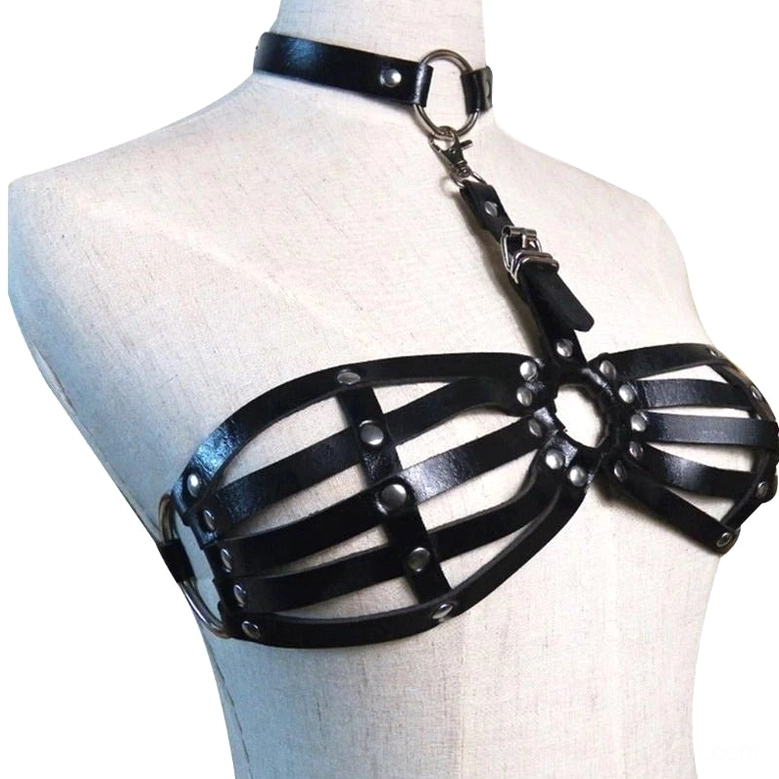 Three-quarter side view of grey mannequin wearing asymmetrical leather body harness with side strap details and iron rivet decorations
