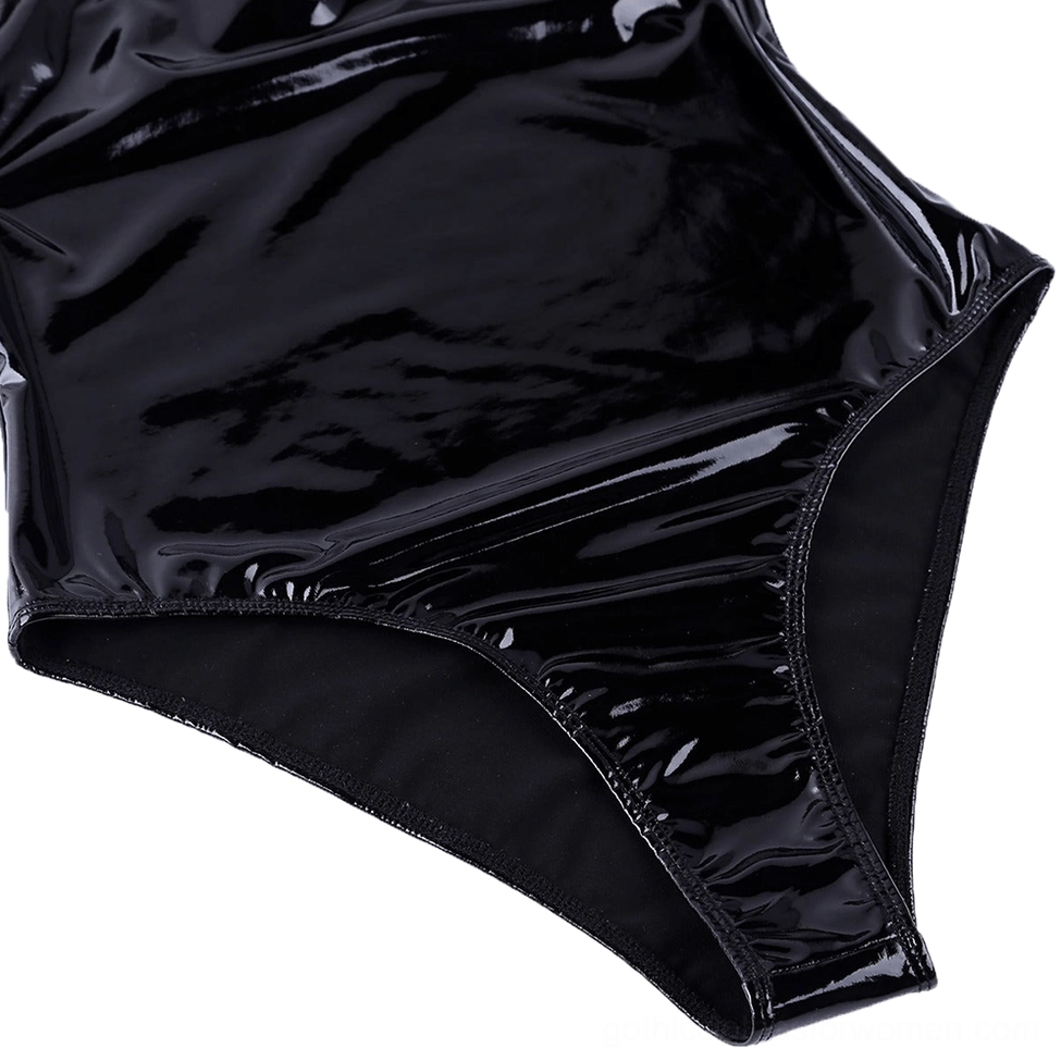 Black faux leather gothic bodysuit lower section close-up, showing shiny patent finish and construction detail