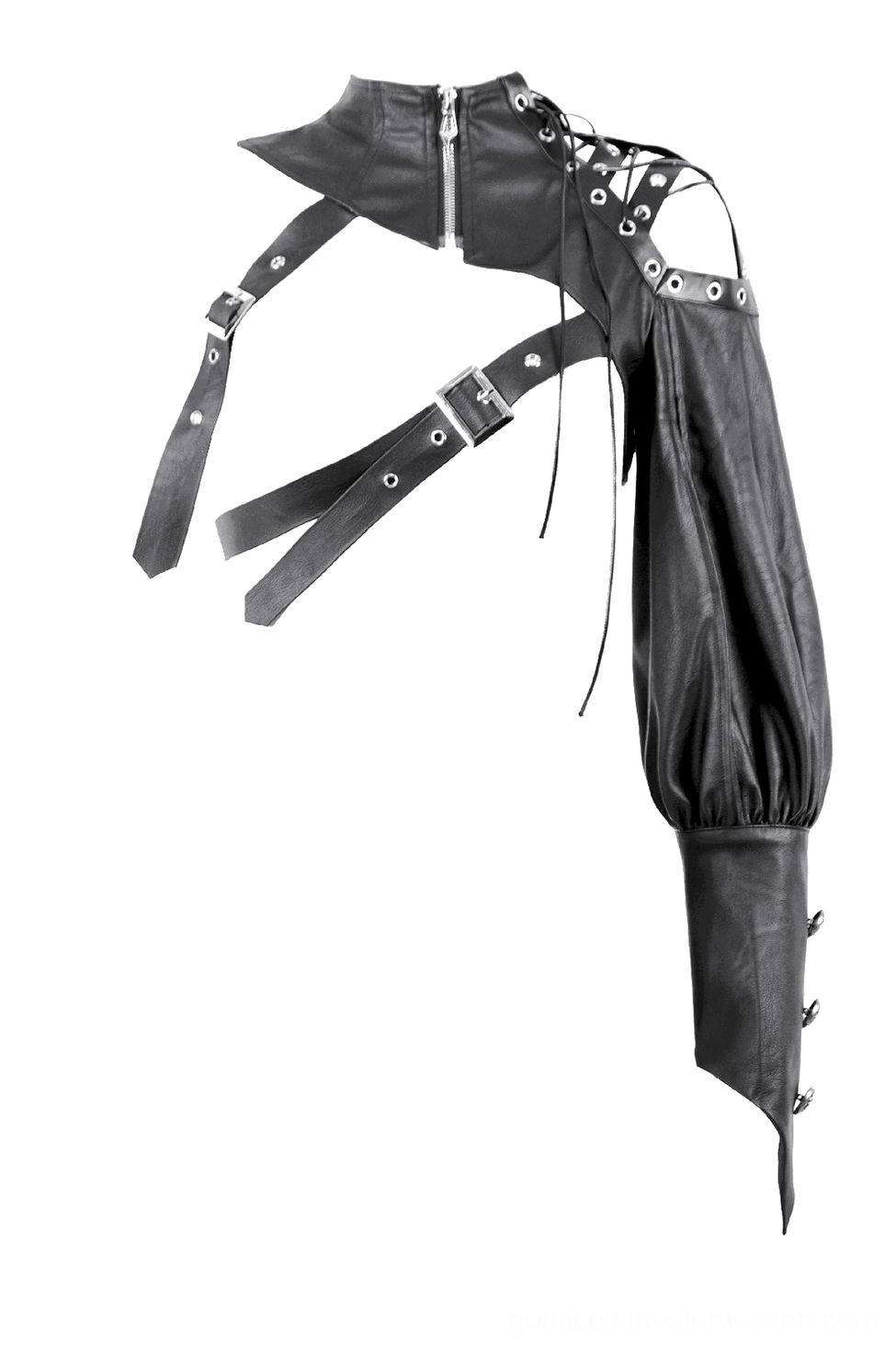 Asymmetric punk leather shoulder cape left side detail, puff sleeve with button cuffs, black matte leather texture, metal zipper collar
