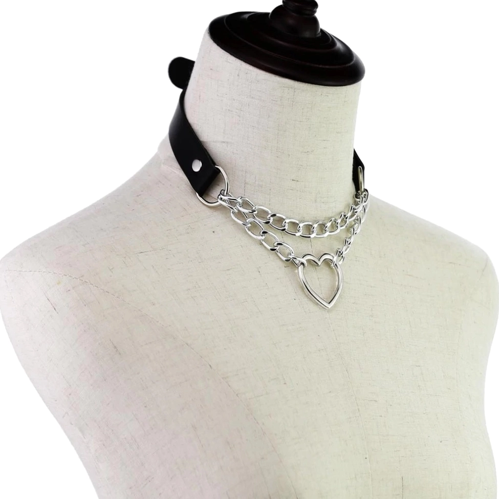 PU leather choker with heart pendant and metal rings - goth alternative chain necklace