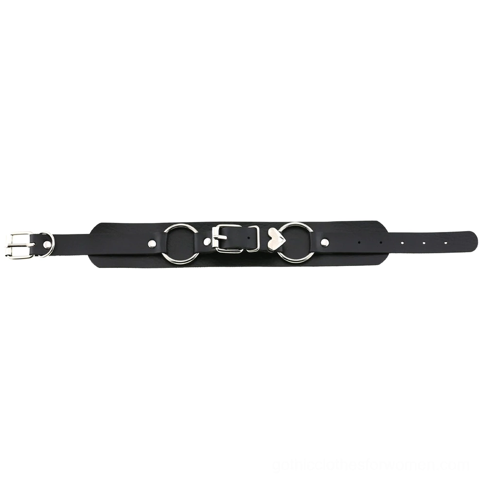 Leather heart choker showing inner padding and construction detail with silver metal components