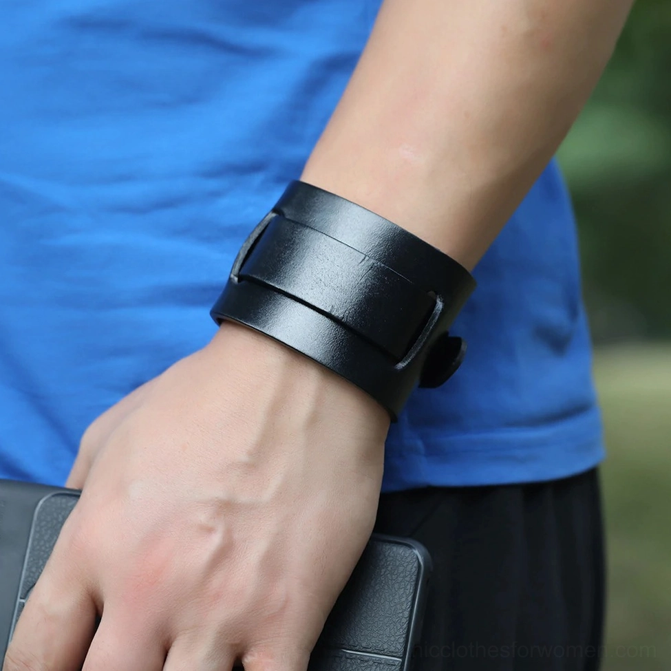 Genuine leather wide cuff bracelet worn styling guide, demonstrating fit and gothic aesthetic on wrist