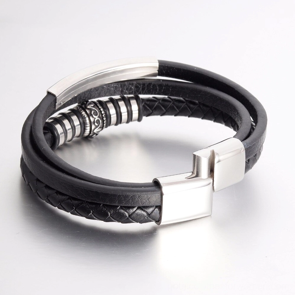 Black leather gothic bracelet top down view showing magnetic silver clasp and braided design