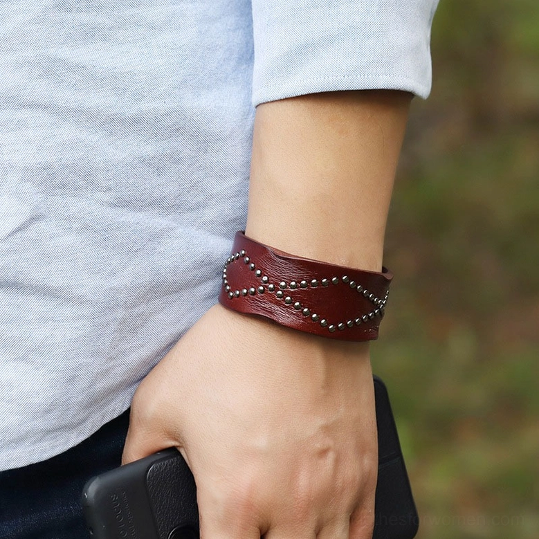Complete wide leather gothic cuff bracelet collection demonstrating genuine cowhide material, industrial hardware, and rock-gothic aesthetic versatility