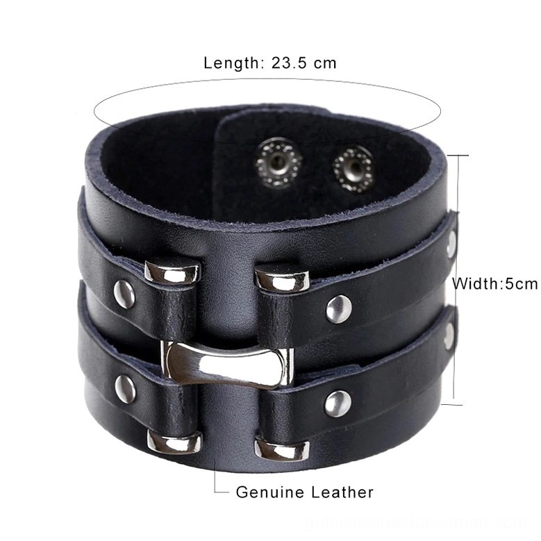 Black leather gothic bracelet with measurements displayed, 23.5cm length and 5cm width, showing genuine leather texture and silver metal accents