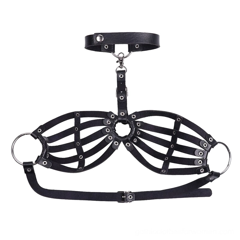 Side flat lay view of leather bra harness showing side ring closure mechanism, adjustable back strap, and overall harness construction details