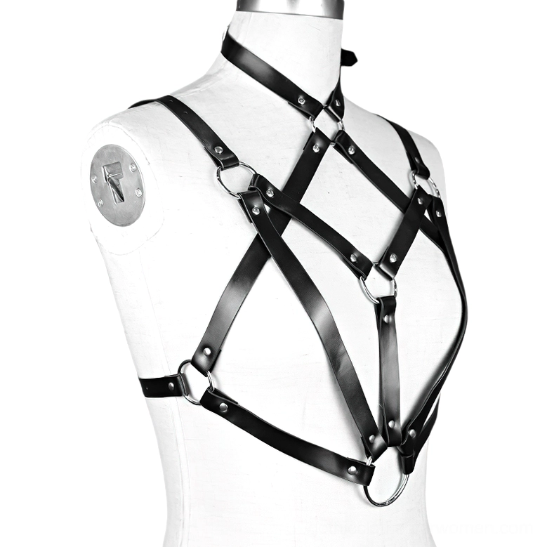 Black PU leather chest harness side view on dress form showing neck strap with buckle