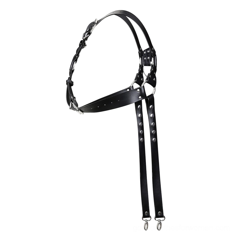 Studded PU leather harness strap with adjustable buckle and metal rivets, gothic aesthetic close-up