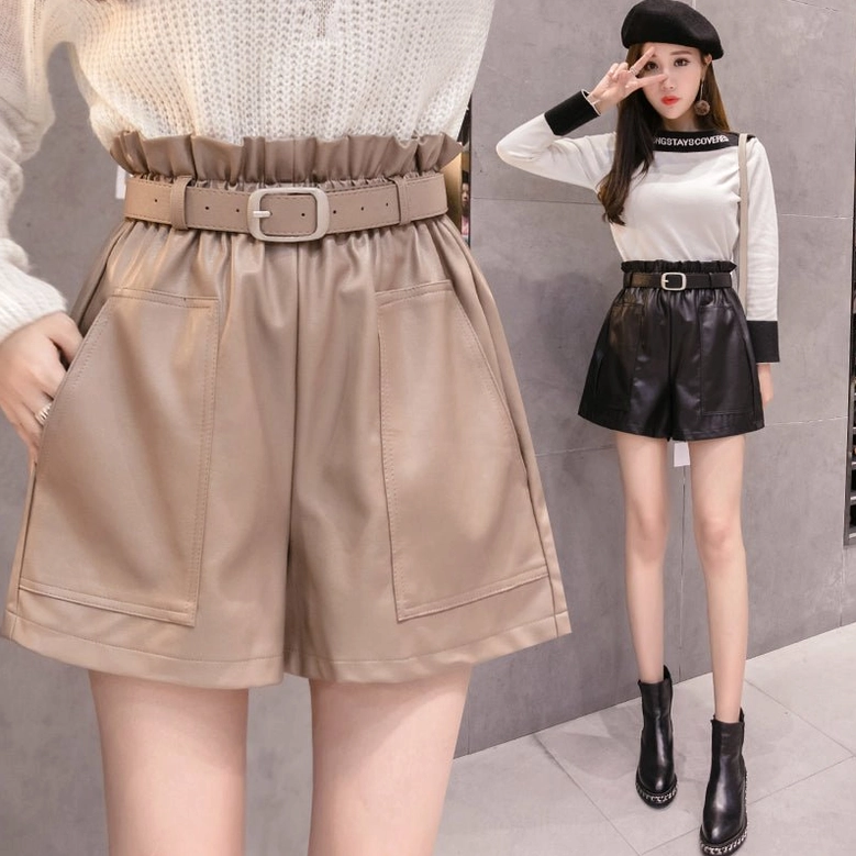 Black and khaki PU leather high-waist shorts styled on female model, composite product detail and full body shot