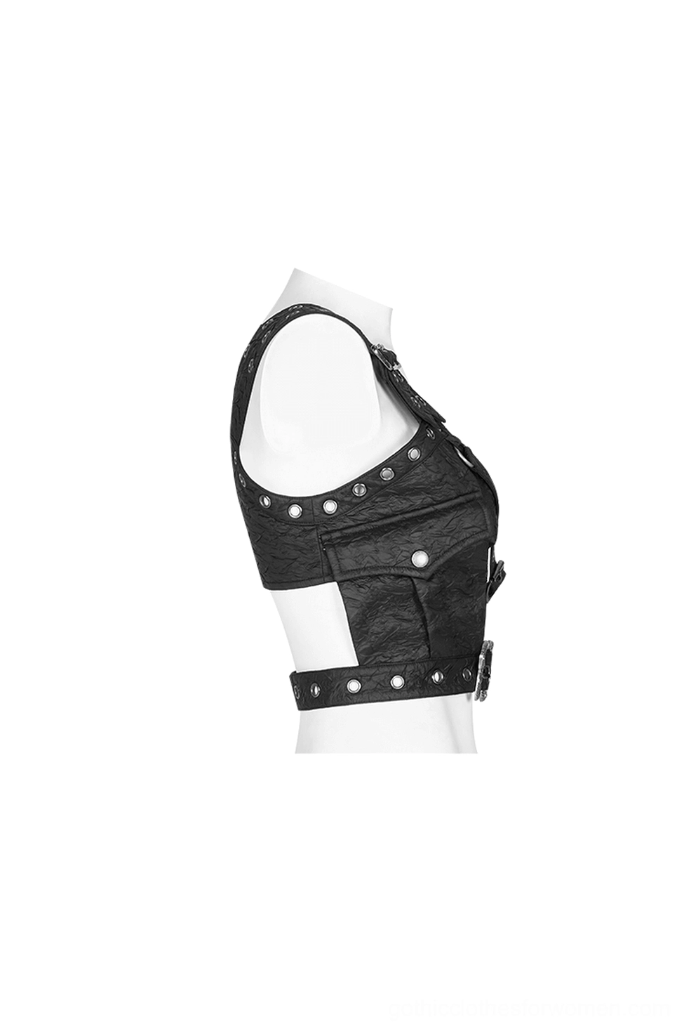 Side profile view of structured black leather shoulder harness highlighting metal studs, grommets, and silhouette on mannequin