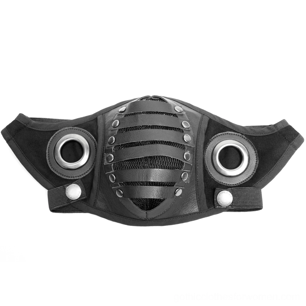 Black leather steampunk face mask flat lay front view on white background, complete geometric design visible