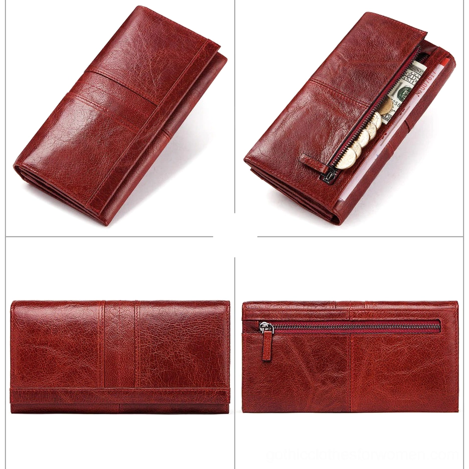 Genuine cow leather long wallet clutch showing polished finish and craftsmanship quality with stripe embellishment