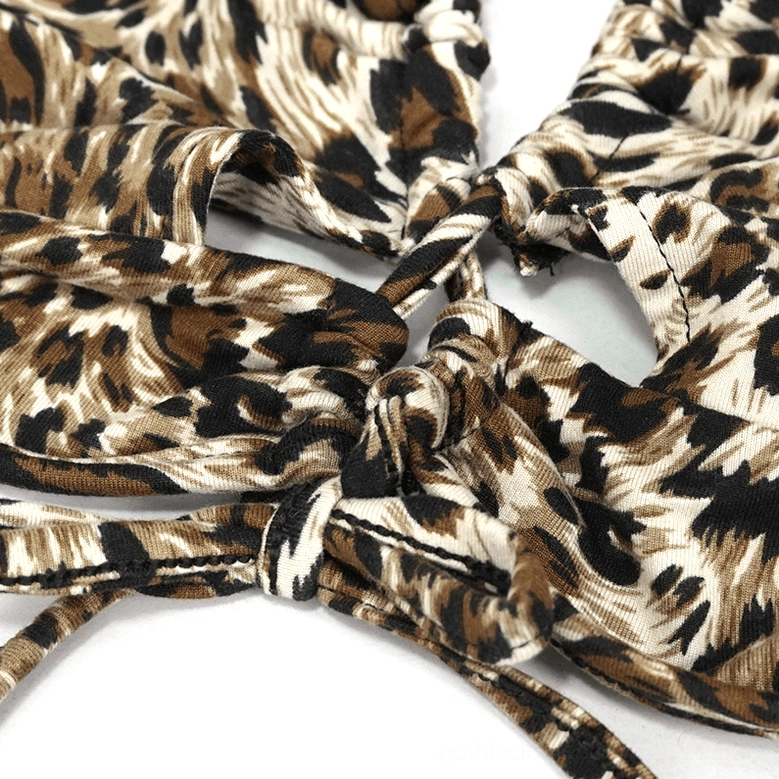 Multiple close-up views of leopard print bikini knot details, showcasing tie straps and knotted closure features