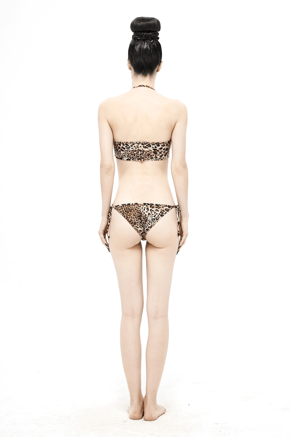 Leopard print bikini set product photography, highlighting the quality fabric composition and design details