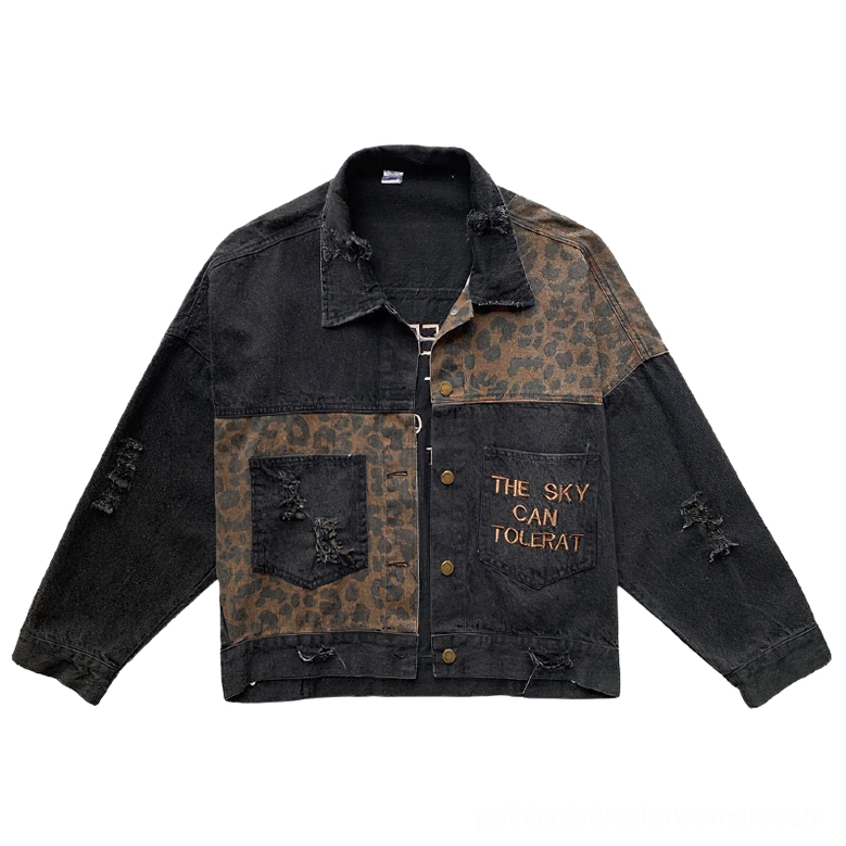 Leopard embroidered denim jacket flat lay, showing metal snap button closure and patchwork design details