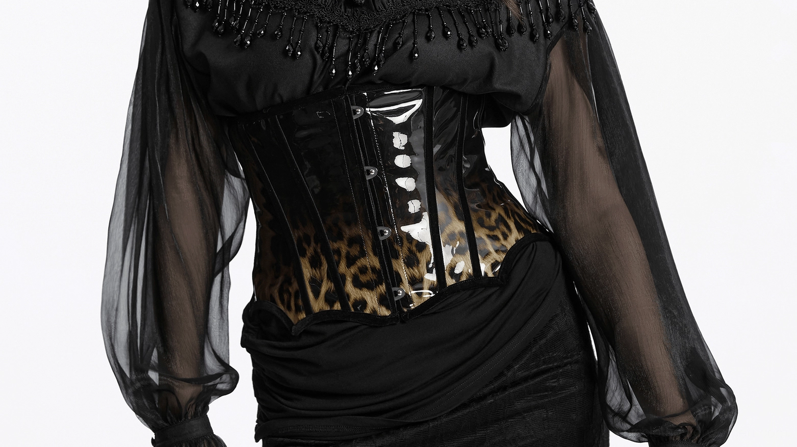Leopard print patent leather gothic corset worn by model demonstrating fit and corset styling with alternative fashion