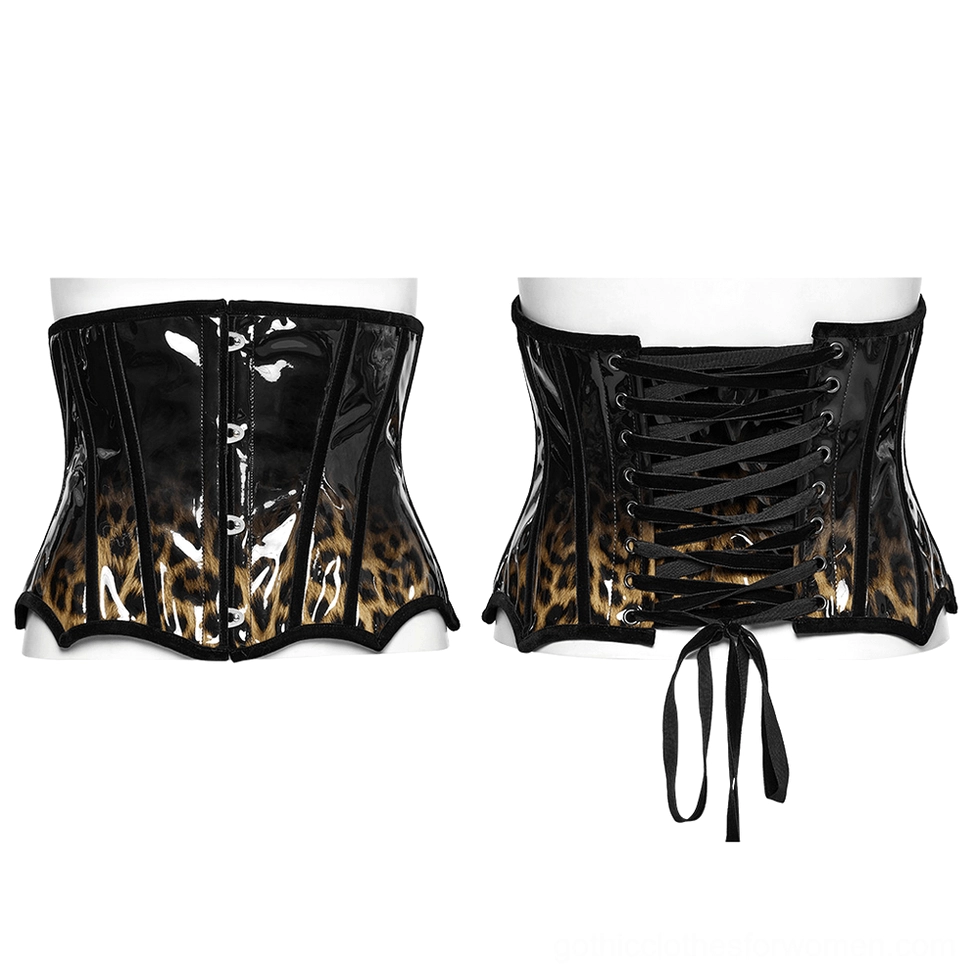 Leopard print patent leather gothic corset front and back view on two mannequins showcasing metal buckles and lace-up design