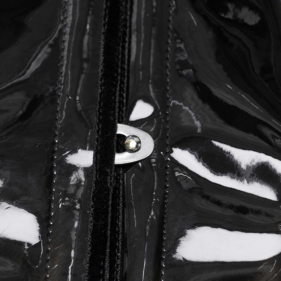 Leopard print patent leather gothic corset front closure detail showing glossy patent leather and vertical stitched panels