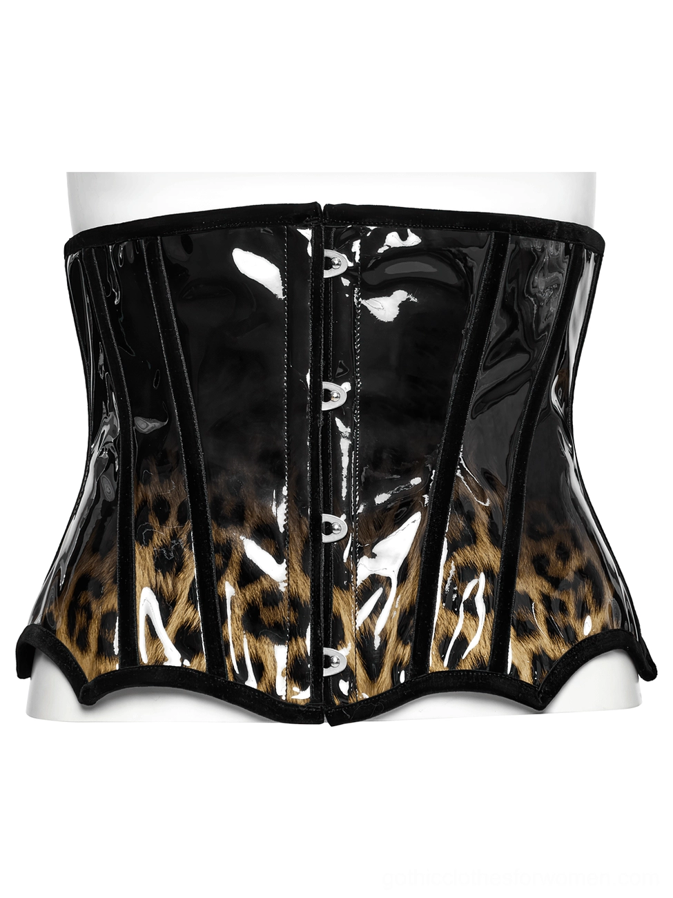 Leopard gradient patent leather gothic corset on mannequin displaying scalloped velvet-trimmed hem detail