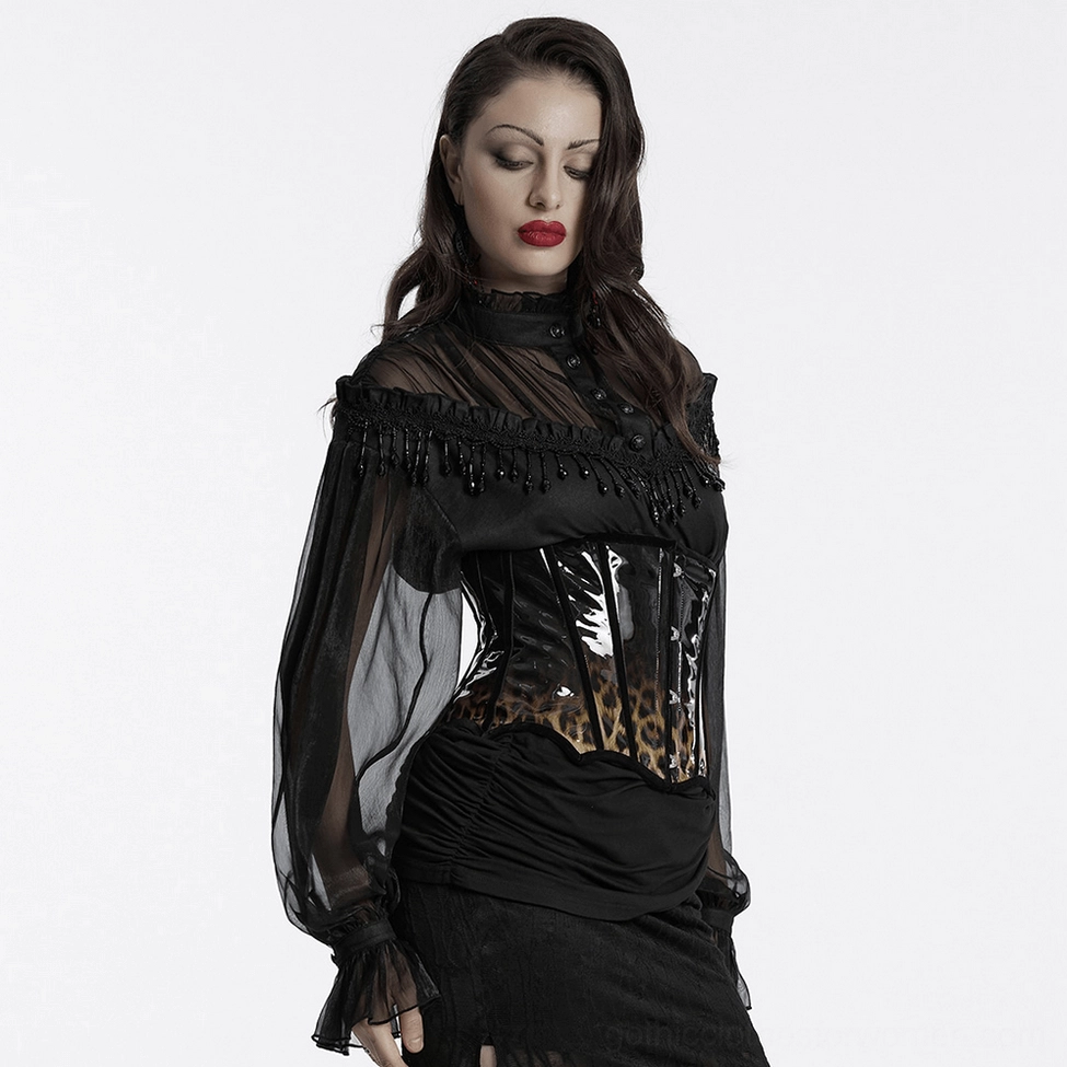 Leopard print patent leather gothic corset full body view on model showing hourglass silhouette and vertical paneling