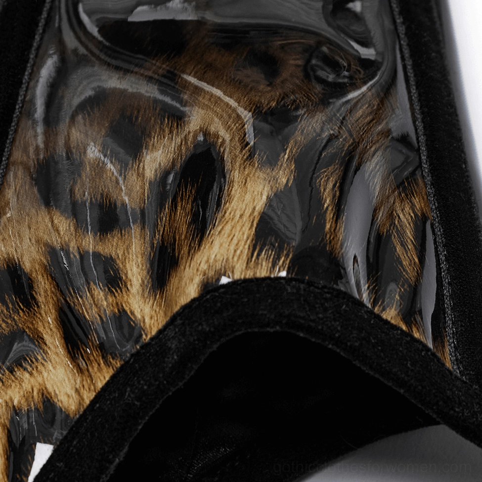 Leopard print patent leather gothic corset rear lacing close-up showing satin lace straps and metal grommets