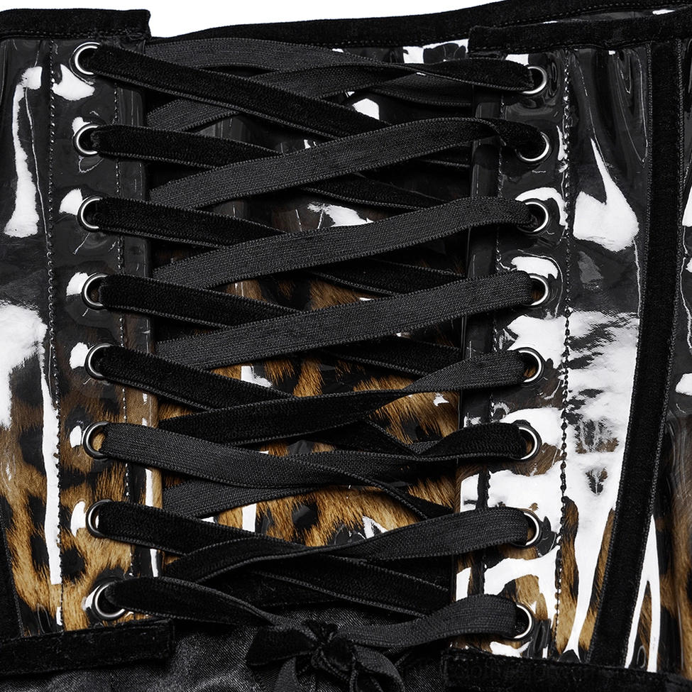 Leopard print patent leather gothic corset front metal hook-and-eye fastener close-up on glossy material