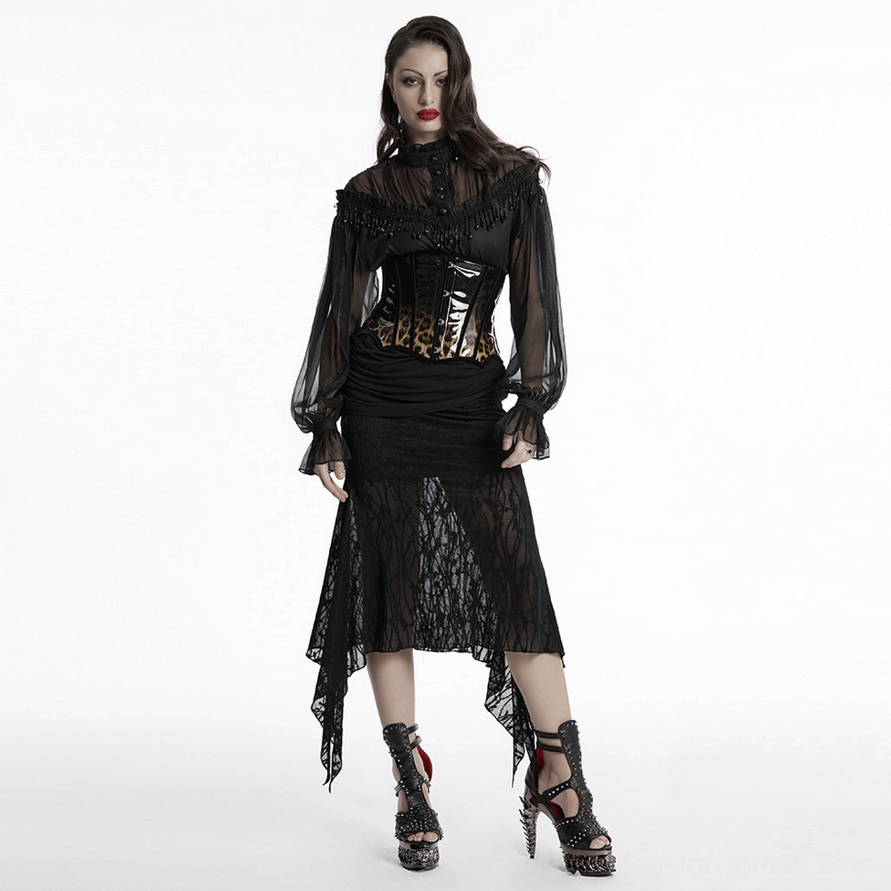 Leopard print patent leather gothic corset product overview displaying patent leather finish and gradient pattern