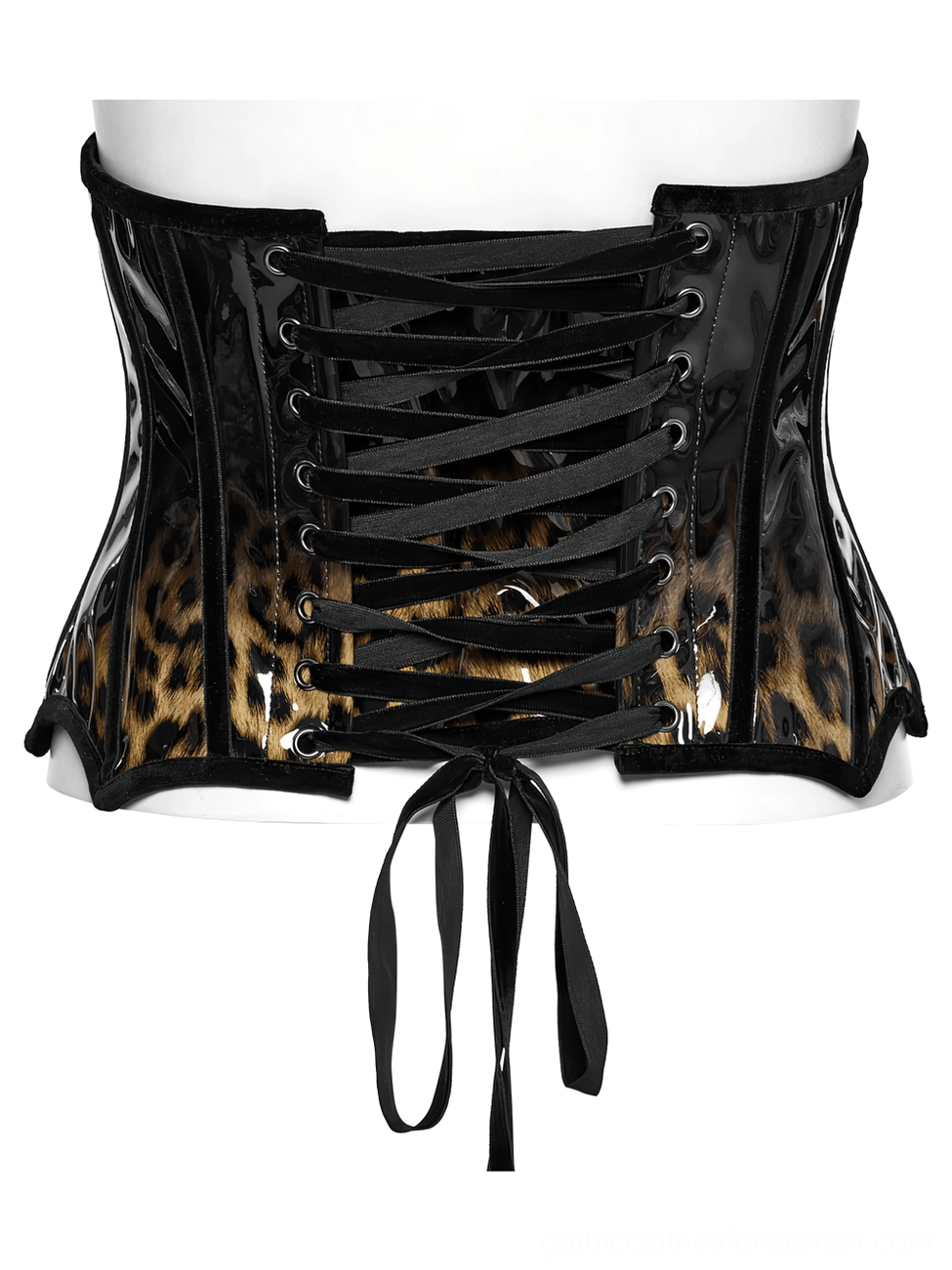Leopard print patent leather gothic corset rear view on mannequin with thick satin lace-up back tie