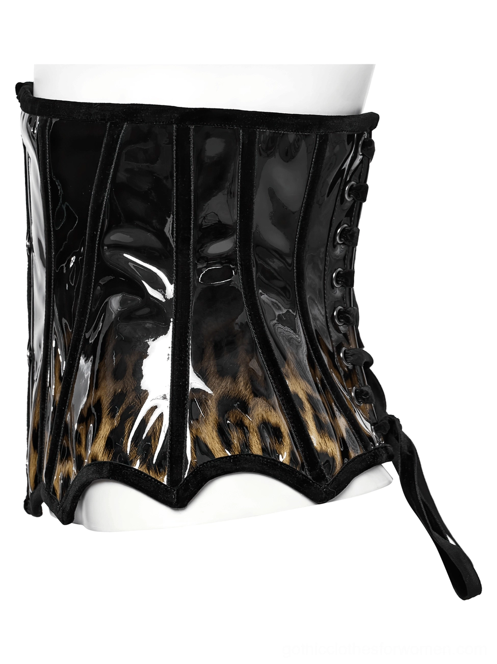 Leopard print patent leather gothic corset side view on mannequin showing side lace-up closure and silhouette