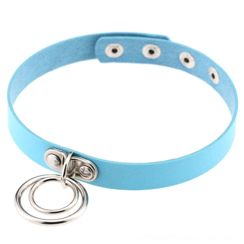 Light blue adjustable PU leather choker with metal ring pendant, gothic style jewelry