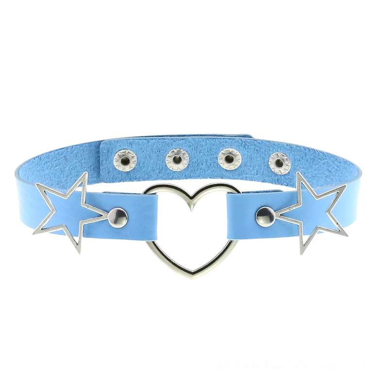 Light blue PU leather gothic choker with heart pendant and star decor, adjustable snap fasteners, professional product flat lay
