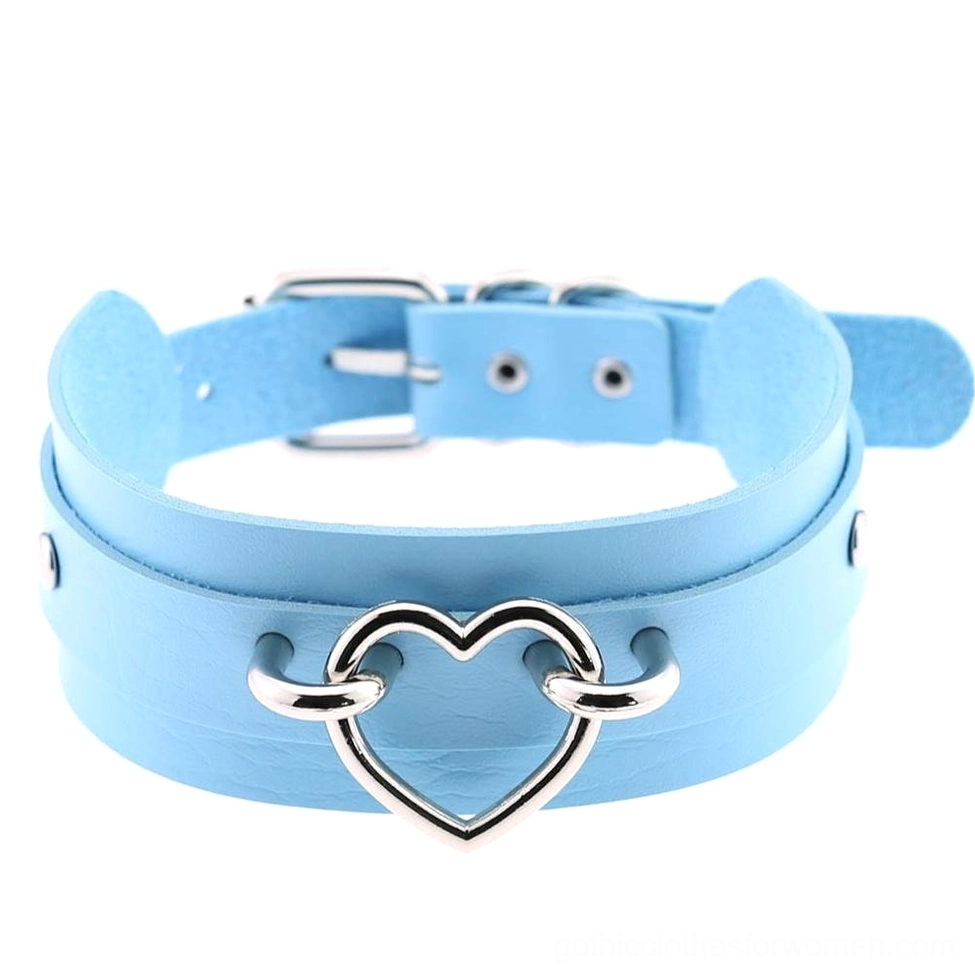Sky blue gothic heart choker necklace with adjustable silver heart decor, front display