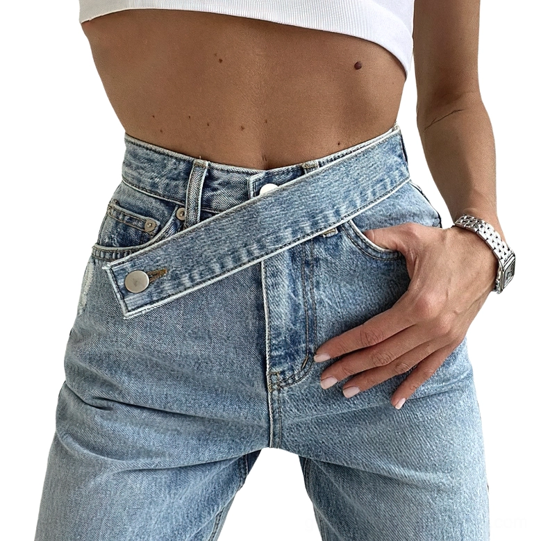 Light blue wide-leg gothic denim jeans styled on model showing asymmetric waistband and loose fit silhouette