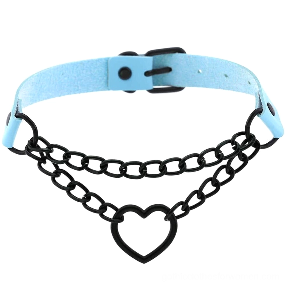Light blue leather heart choker necklace flat lay showing adjustable buckle and dual chain construction