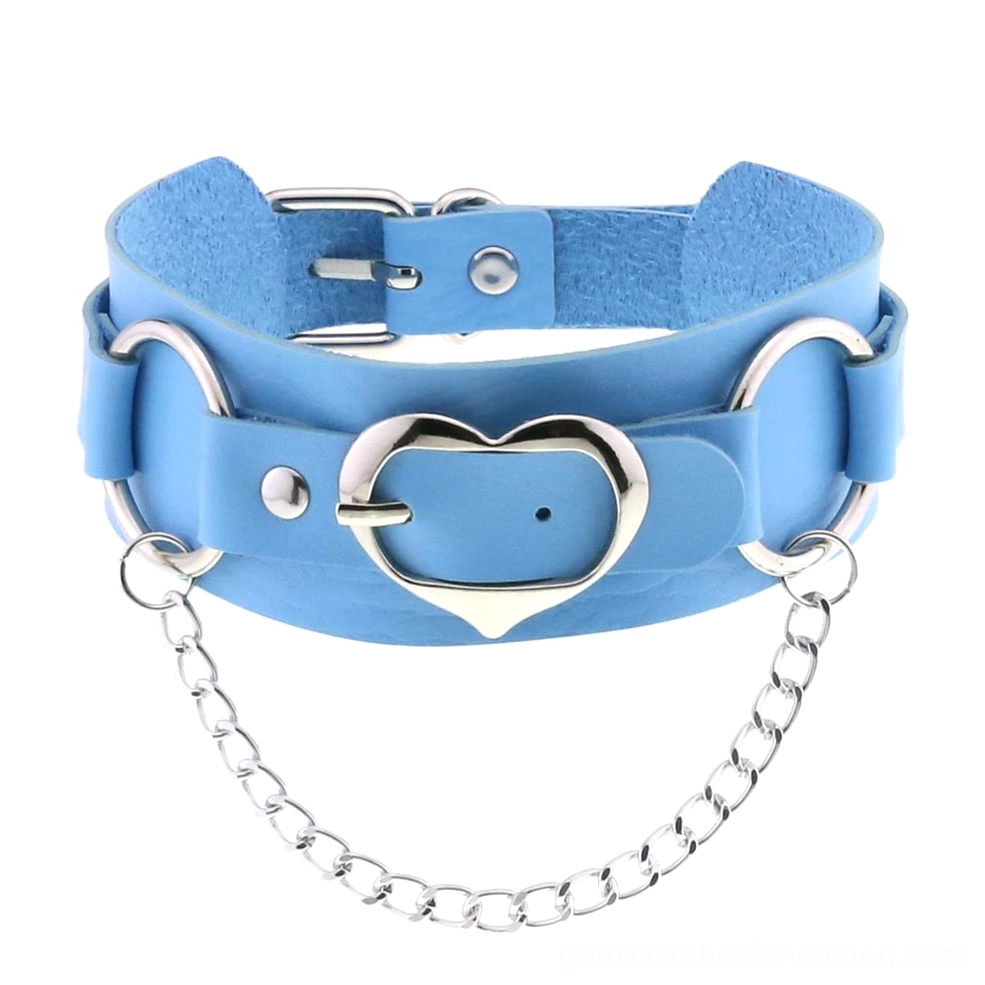 Sky blue leather heart choker with adjustable strap and silver heart buckle pendant