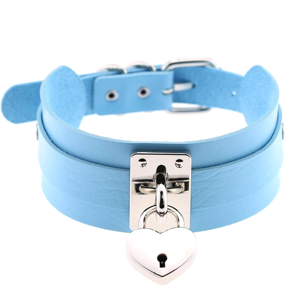Silver light blue gothic leather heart lock choker - pastel goth color option