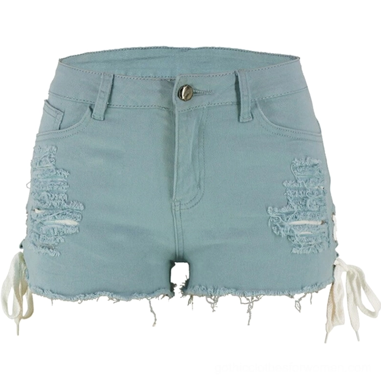Light blue lace-up gothic denim shorts with ripped frayed hem and side lace detail, front view