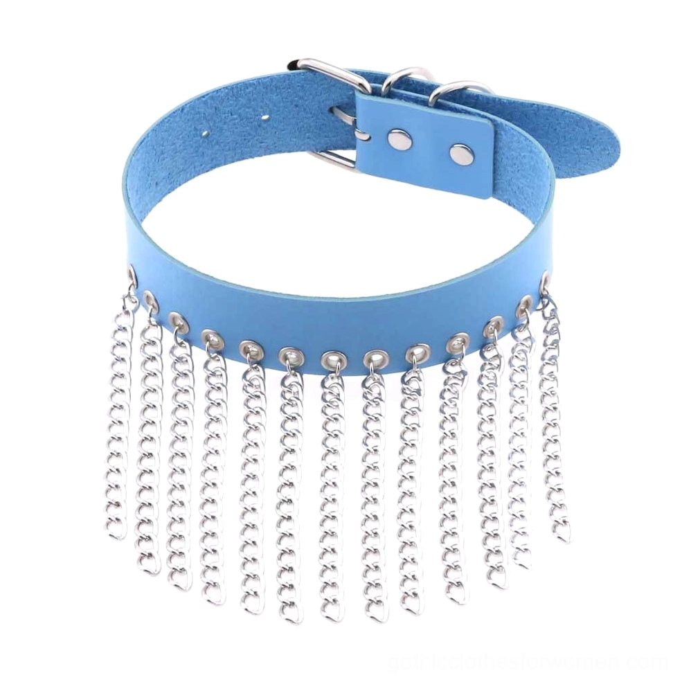 Light blue leather gothic choker with decorative silver chains punk fashion necklace