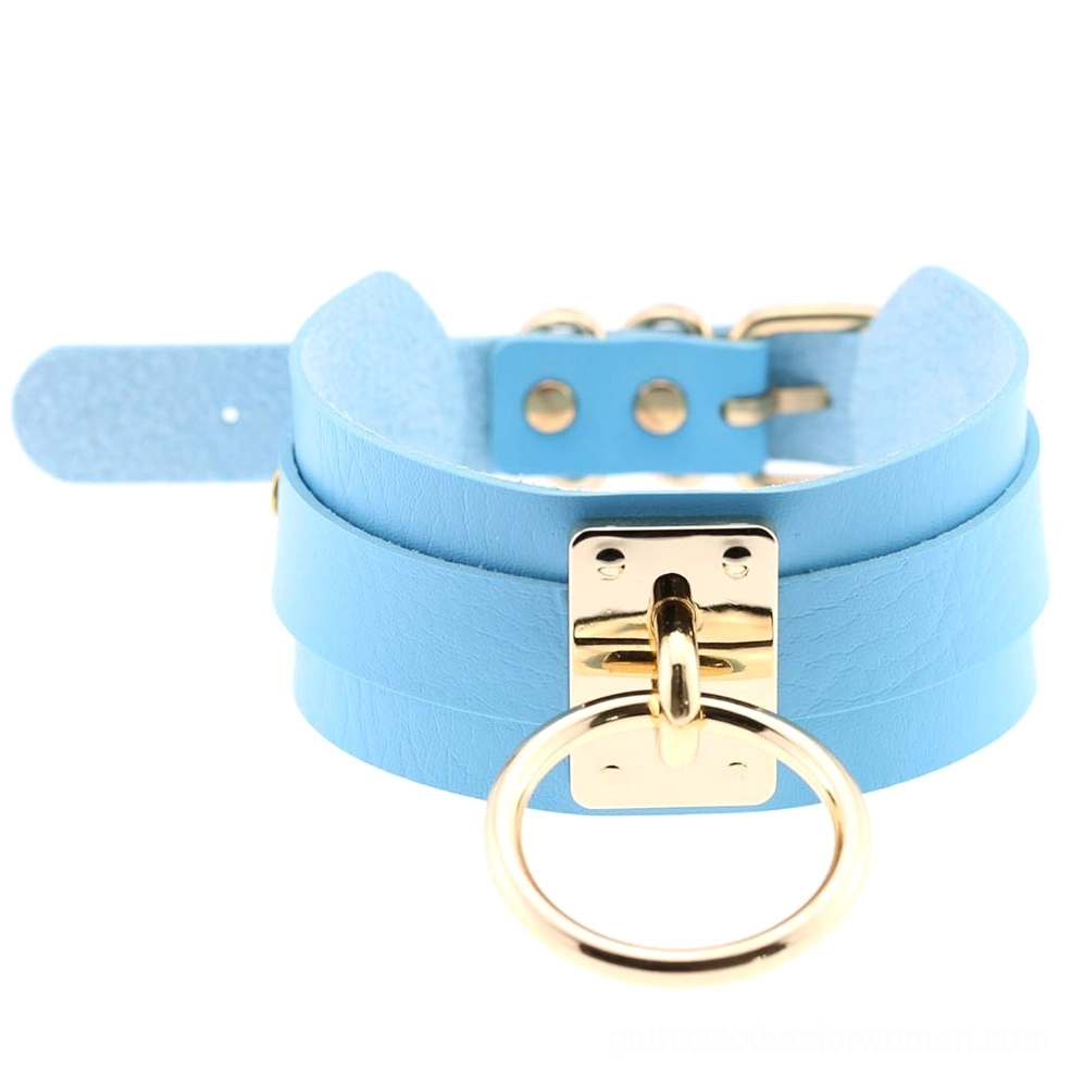 Light blue PU leather bondage choker with gold tone metal hardware, pastel goth statement necklace