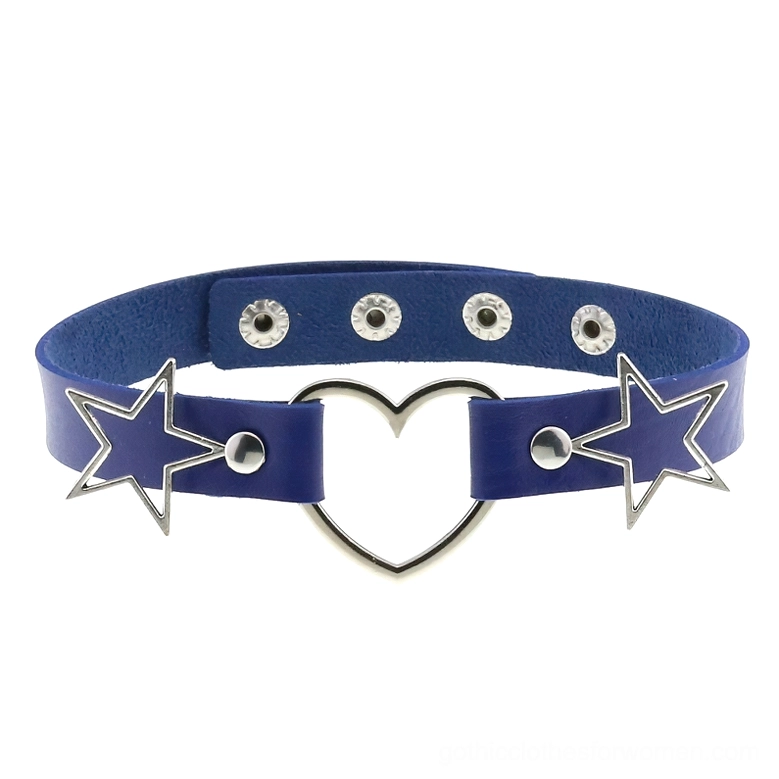 Light blue PU leather heart and star choker necklace flat lay showing adjustable snap buttons and silver metal decorative accents