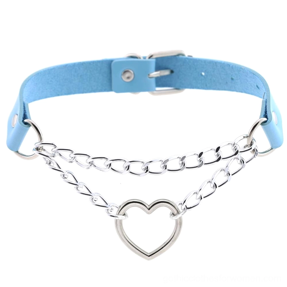 Light blue leather heart choker with metal chains - gothic punk style jewelry for women