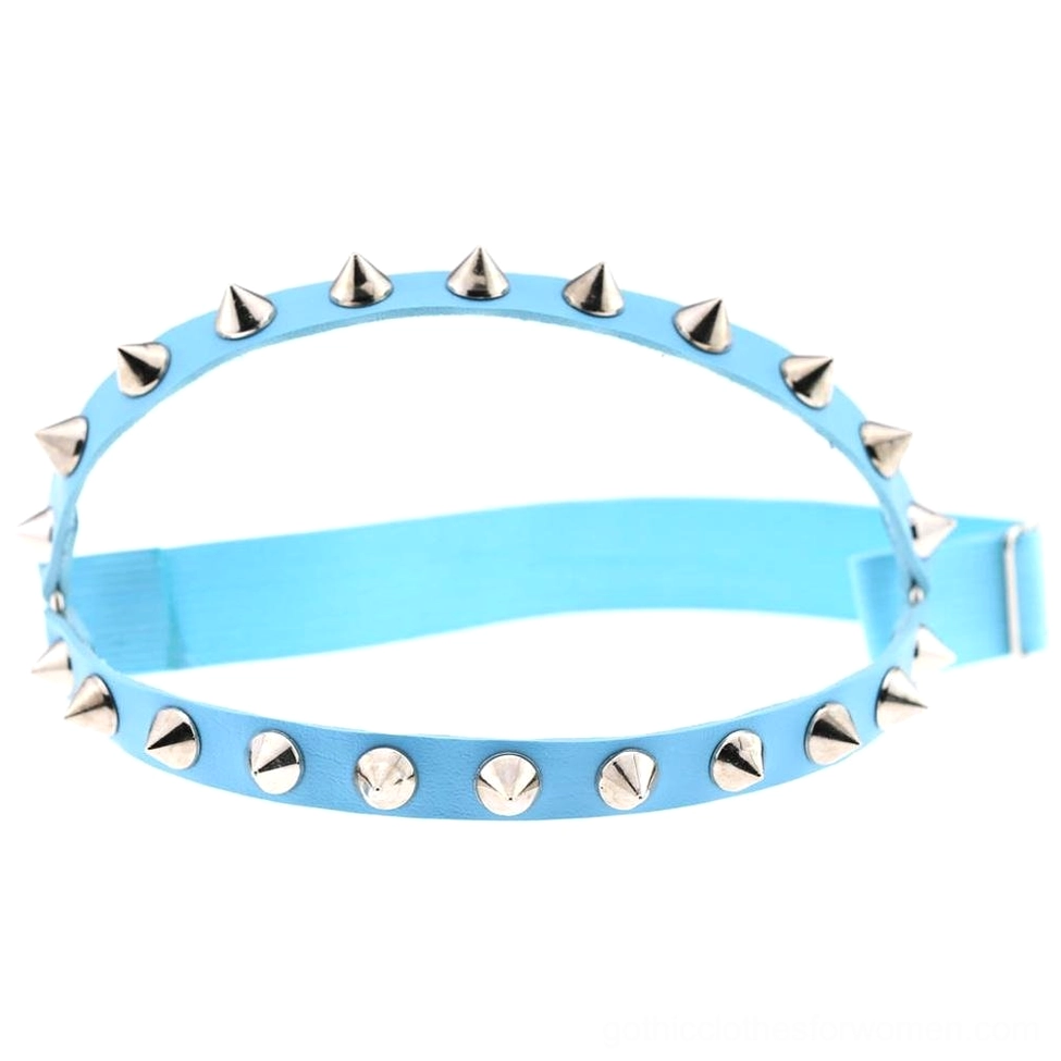 Light blue elastic leather leg garter with silver cone rivets modern alternative gothic aesthetic adjustable
