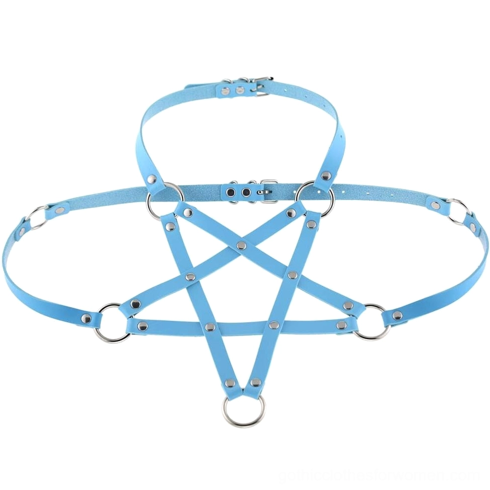 Light blue PU leather pentagram body harness alternative fashion jewelry hardware accent