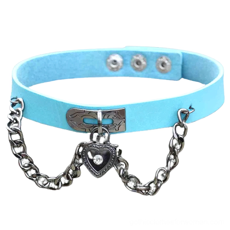 Sky blue light blue PU leather gothic choker necklace with heart-shaped lock pendant and silver chain