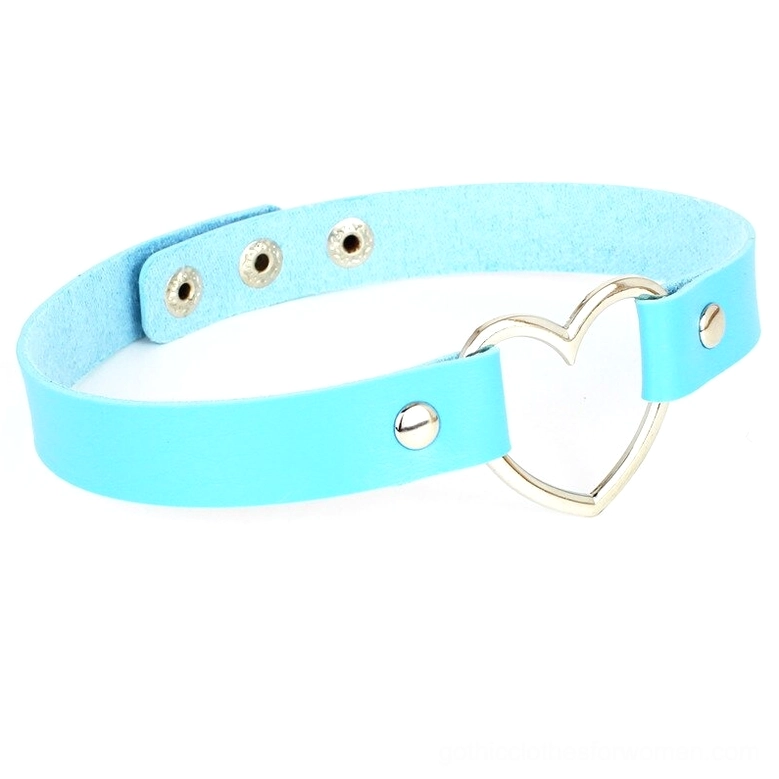 Light blue sky blue PU leather heart choker necklace with silver heart buckle on white background