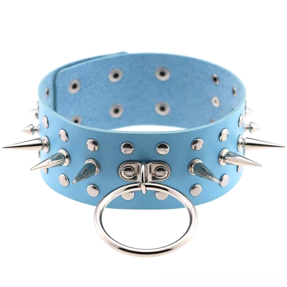 Light blue spiked leather choker necklace with metal spikes and O-ring pendant alternative jewelry