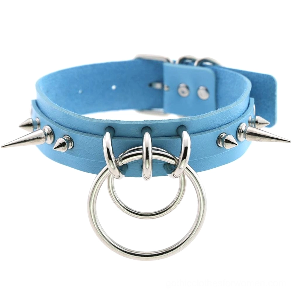Light blue spiked leather gothic choker with silver metal spikes, double O-rings, and adjustable PU leather construction