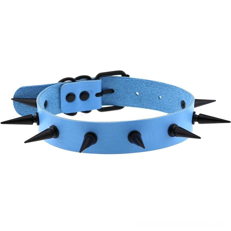 Light blue spiked choker collar with black spike decoration for gothic and alternative fashion