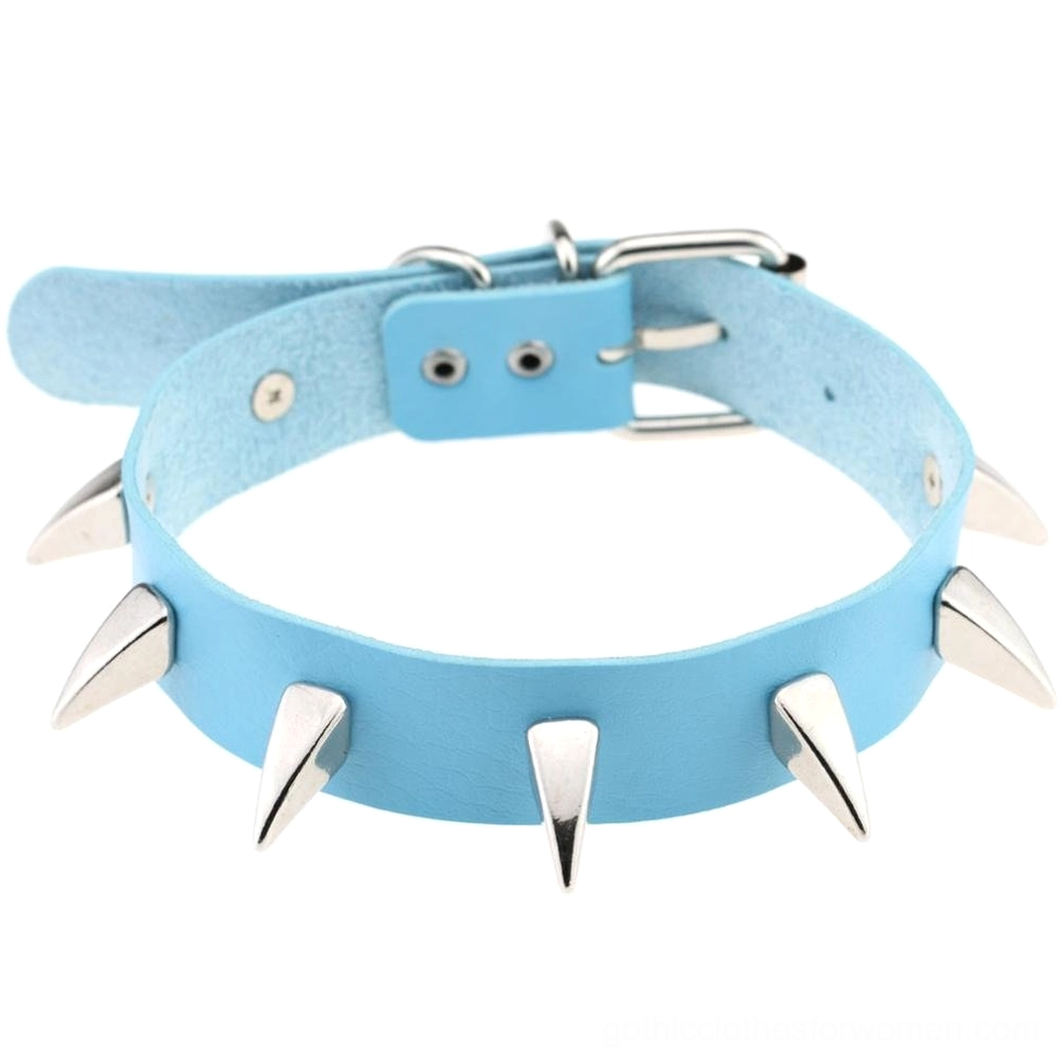 Light blue spiked leather gothic choker necklace with smooth leather texture and silver cone rivets